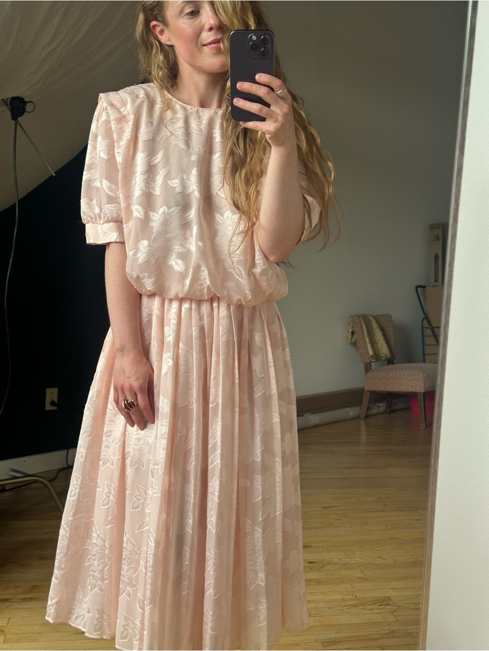 Vintage Women's Blush Pink Floral Midi Dress - Picture 3 of 11